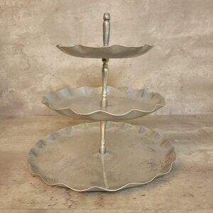 Vintage 3 Tier Aluminum Serving Tray Scalloped Floral Etched Dessert Stand Retro